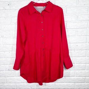SOFT SURROUNDINGS Red Button Down Long Sleeve Top Ruffle Hem